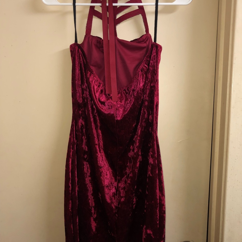 Crushed red velvet, studded halter top mini dress - Picture 4 of 5